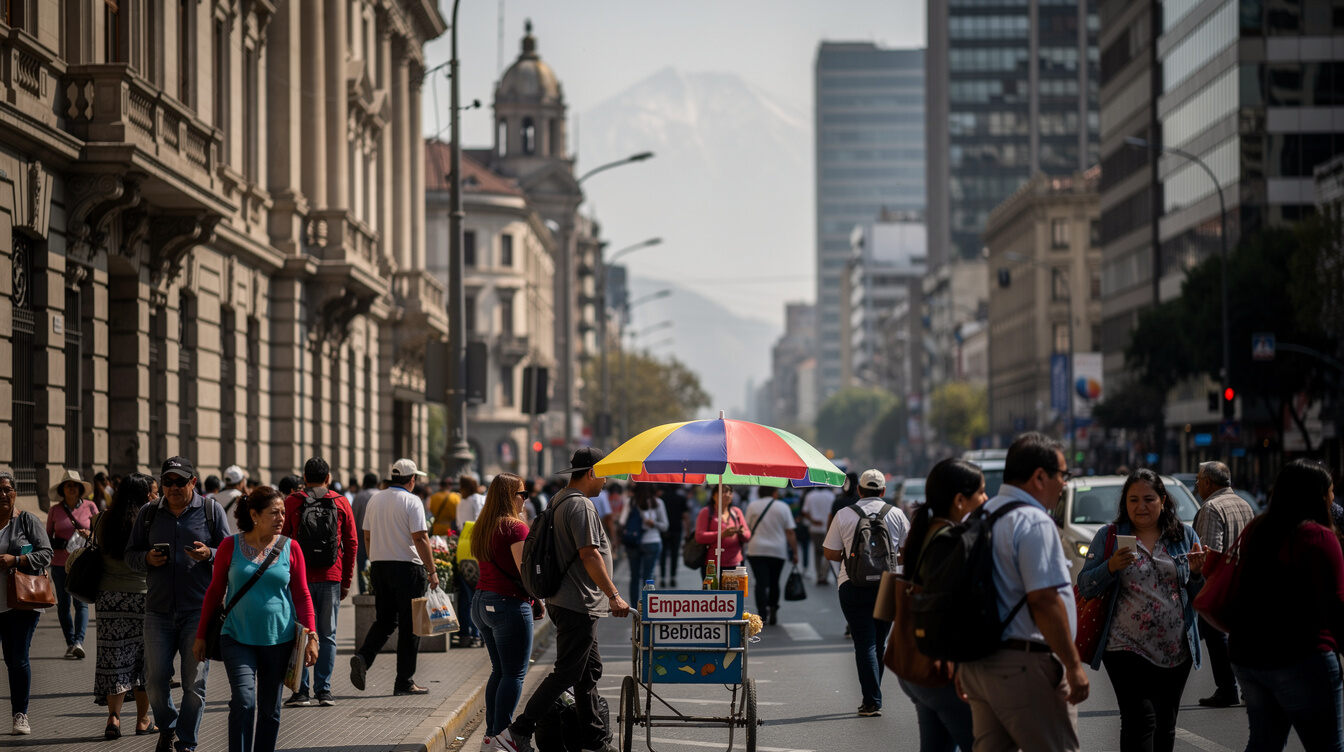 Pedestrians and street vendors on a busy avenue in downtown Santiago, Chile